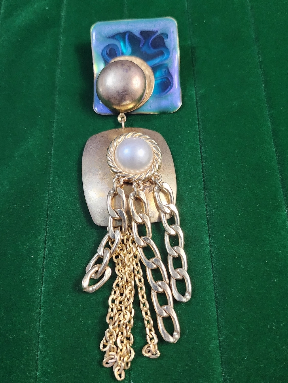 Vintage 1980s Runway Statement Brooch Iridescent Lucite Pearl Chain Fringe Gold